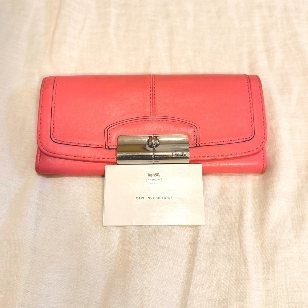 Coach Coral Pink Leather Slim Envelope Turnlock Wallet Silver Hardware